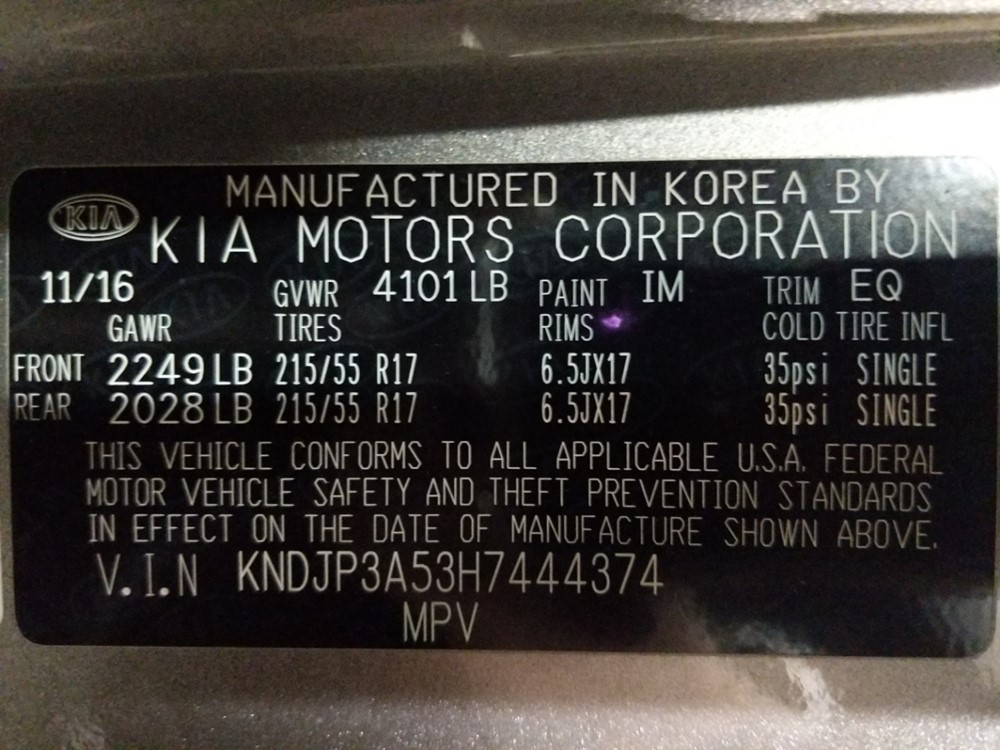 2017 Kia Soul - VIN Plate