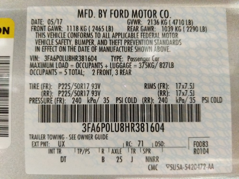 2017 Ford Fusion - VIN Plate
