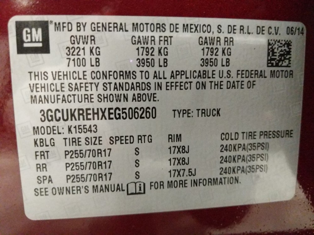 2014 Chevrolet Silverado 1500 - VIN Plate