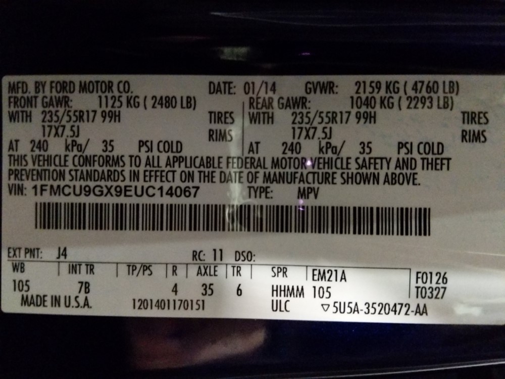 2014 Ford Escape - VIN Plate