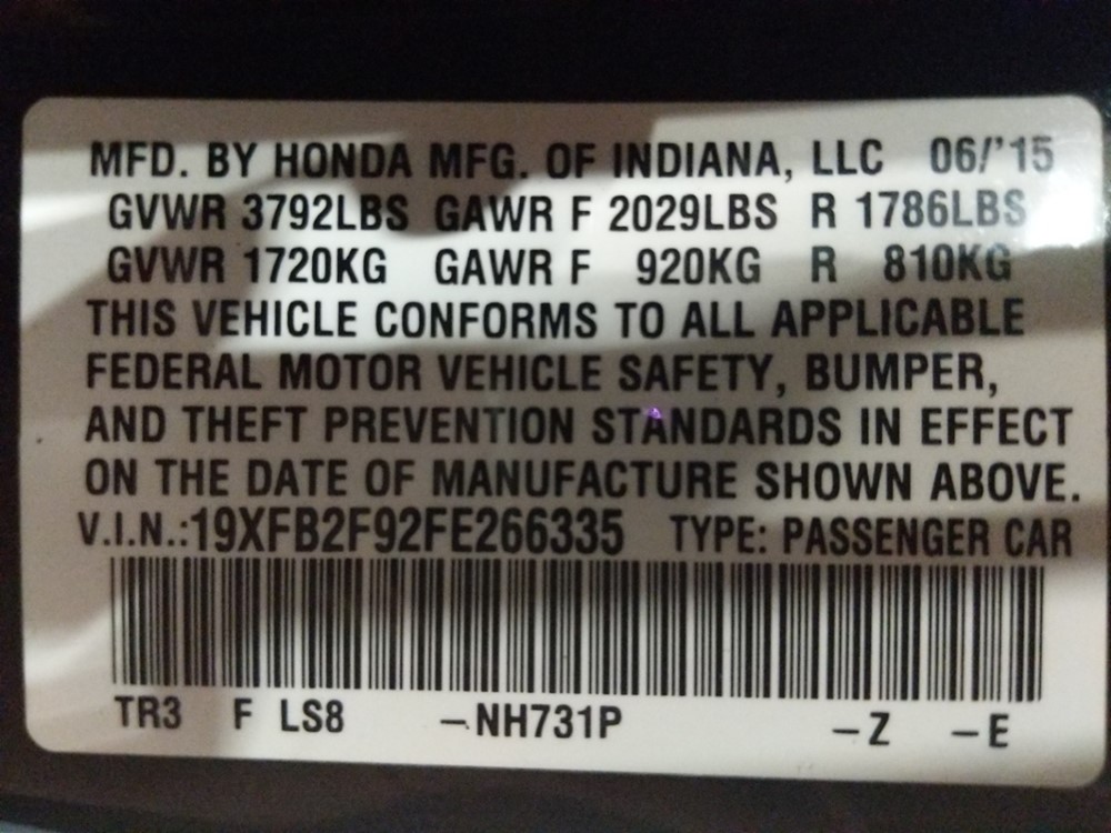 2015 Honda Civic - VIN Plate