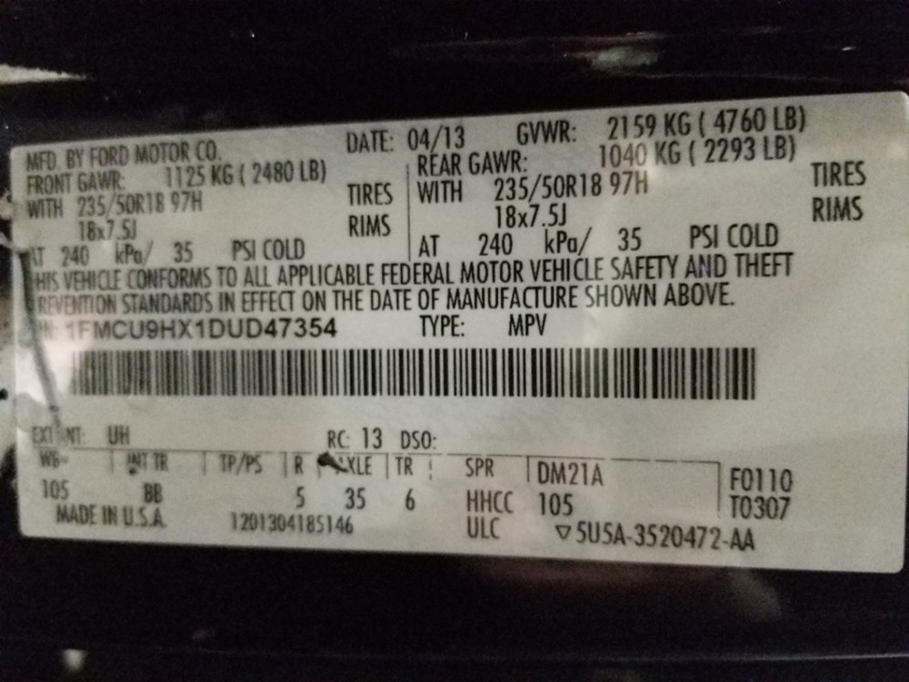 2013 Ford Escape - VIN Plate