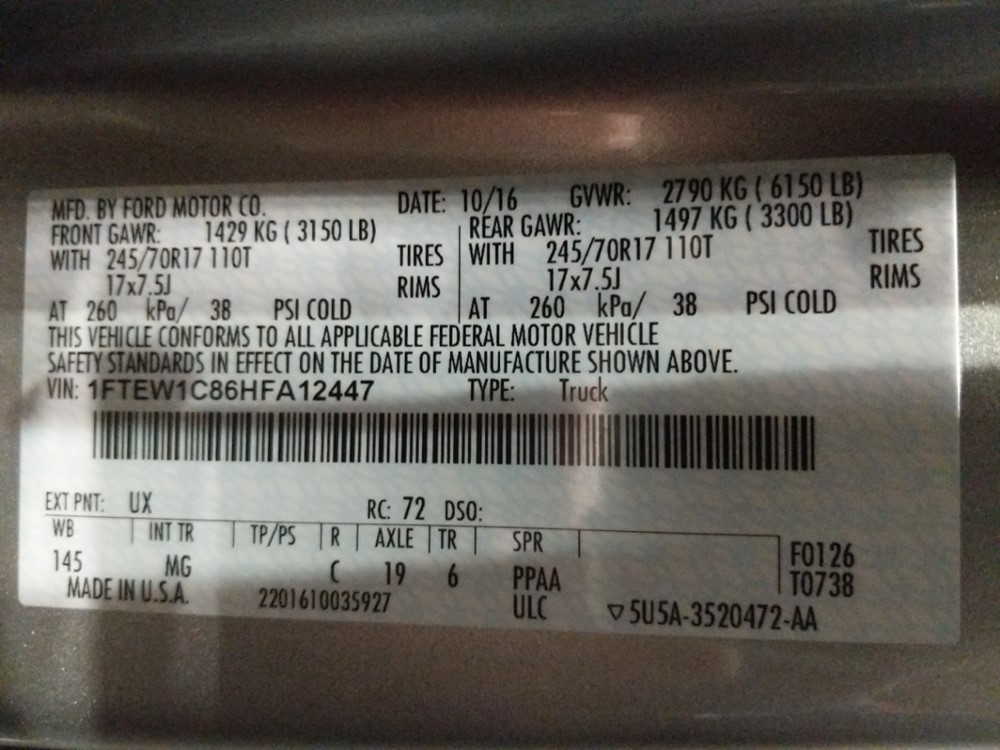 2017 Ford F-150 - VIN Plate