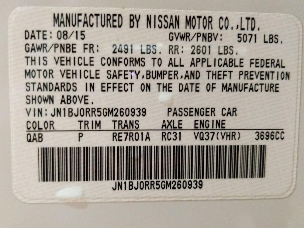 2016 INFINITI QX50 - VIN Plate