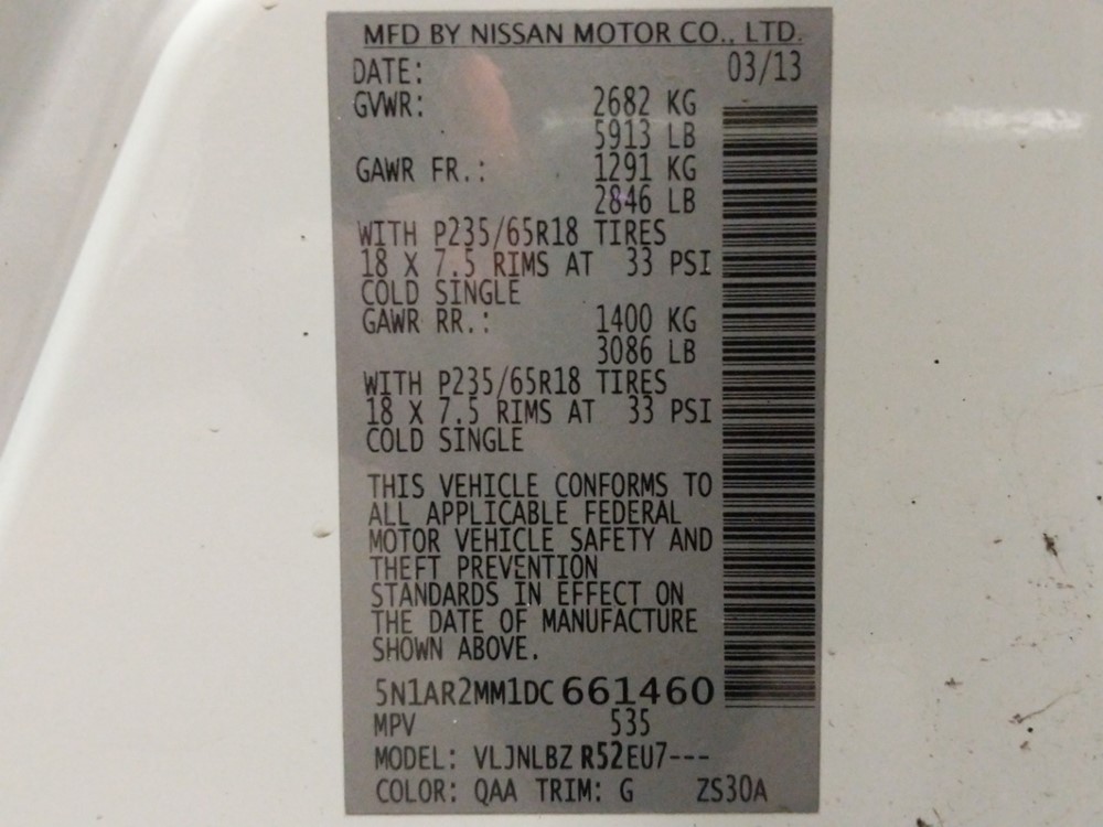 2013 Nissan Pathfinder - VIN Plate