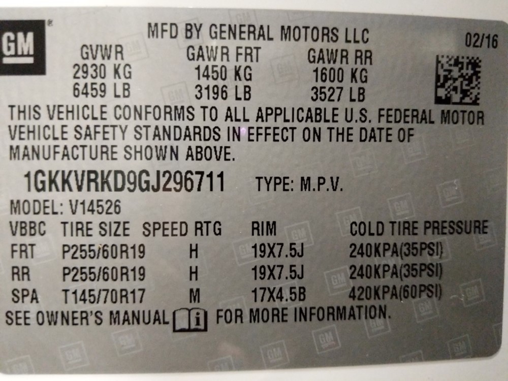 2016 GMC Acadia - VIN Plate