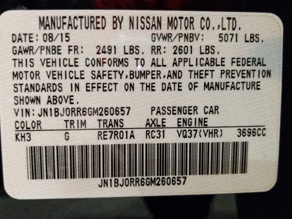 2016 INFINITI QX50 - VIN Plate