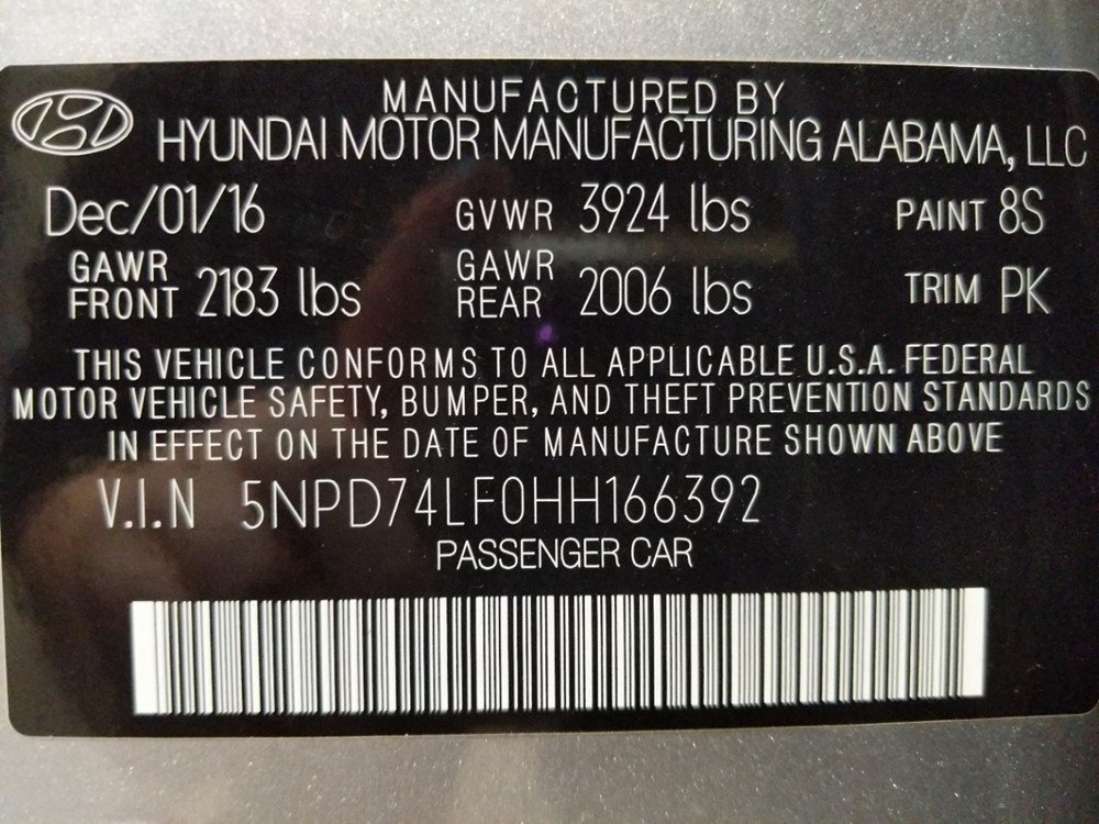 2017 Hyundai Elantra - VIN Plate