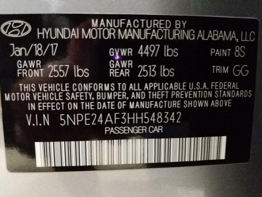 2017 Hyundai Sonata - VIN Plate