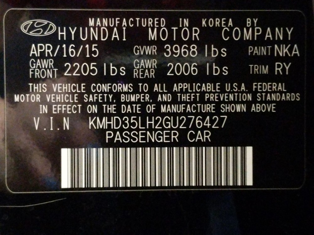 2016 Hyundai Elantra - VIN Plate