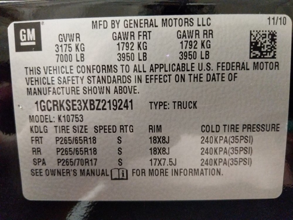 2011 Chevrolet Silverado 1500 - VIN Plate