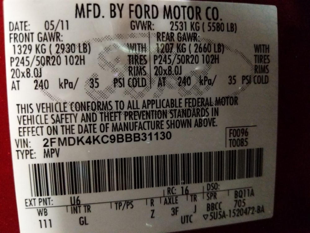 2011 Ford Edge - VIN Plate