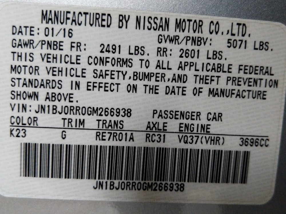 2016 INFINITI QX50 - VIN Plate