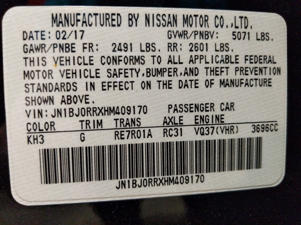 2017 INFINITI QX50 - VIN Plate