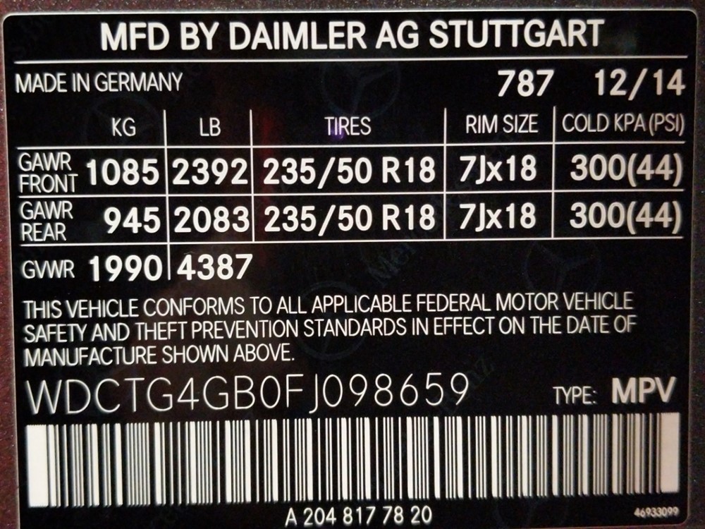 2015 Mercedes-Benz GLA250 - VIN Plate