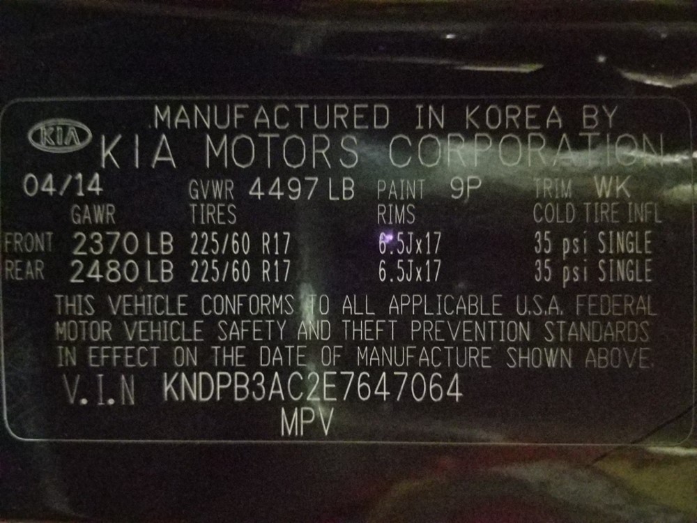2014 Kia Sportage - VIN Plate
