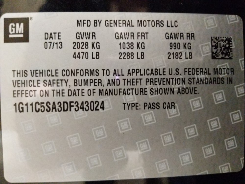 2013 Chevrolet Malibu - VIN Plate