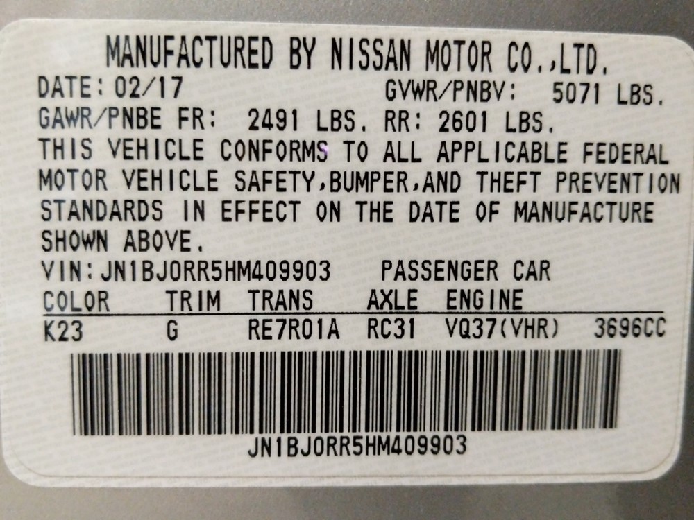 2017 INFINITI QX50 - VIN Plate