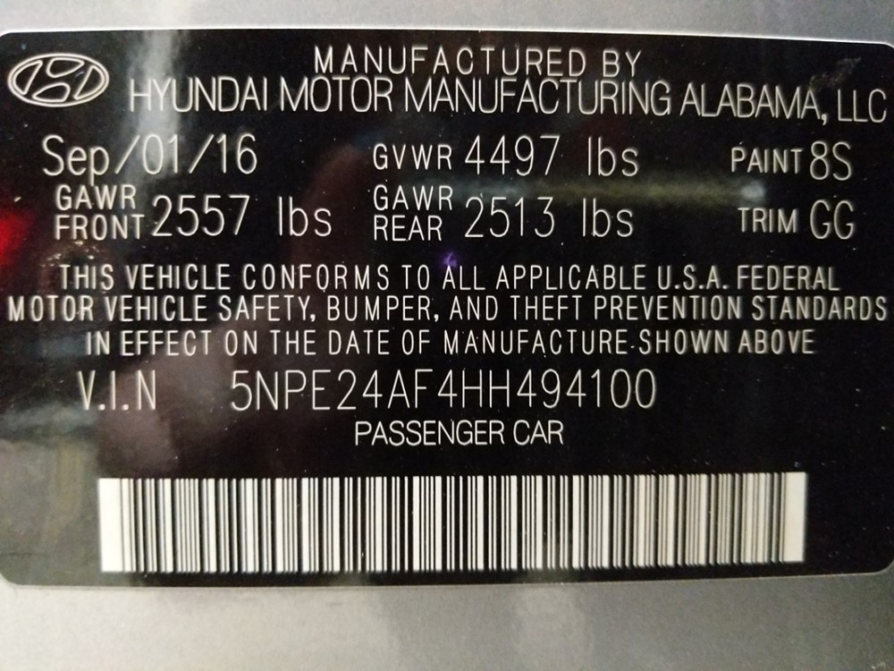 2017 Hyundai Sonata - VIN Plate