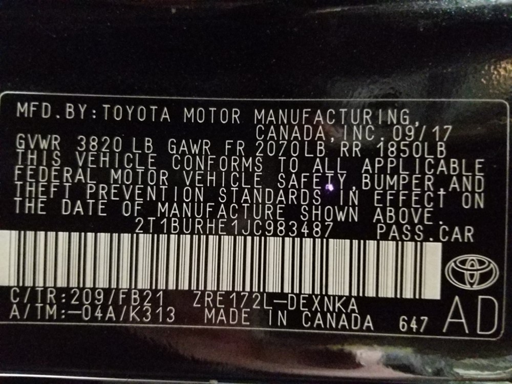 2018 Toyota Corolla - VIN Plate