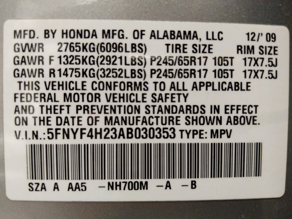 2010 Honda Pilot - VIN Plate
