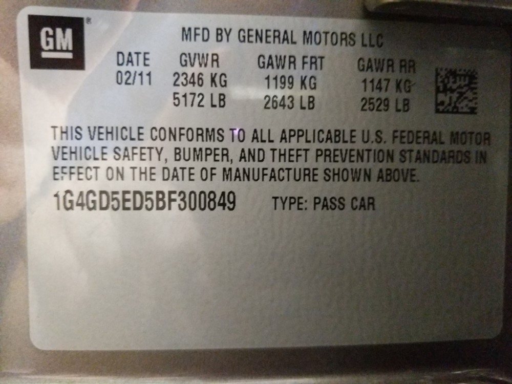 2011 Buick LaCrosse - VIN Plate