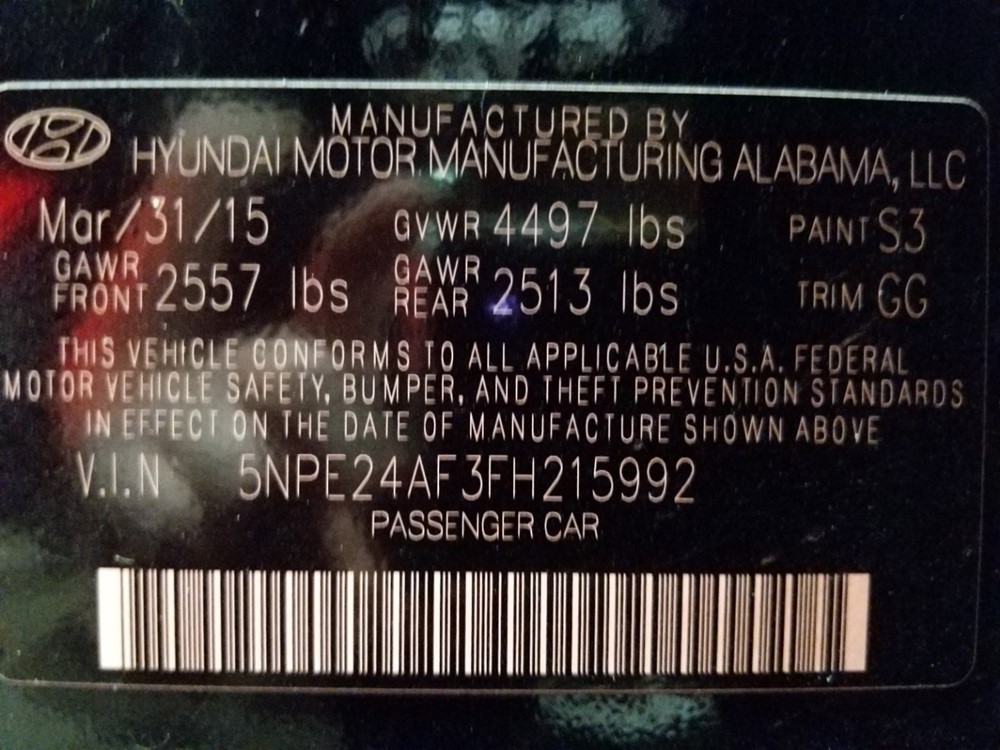 2015 Hyundai Sonata - VIN Plate