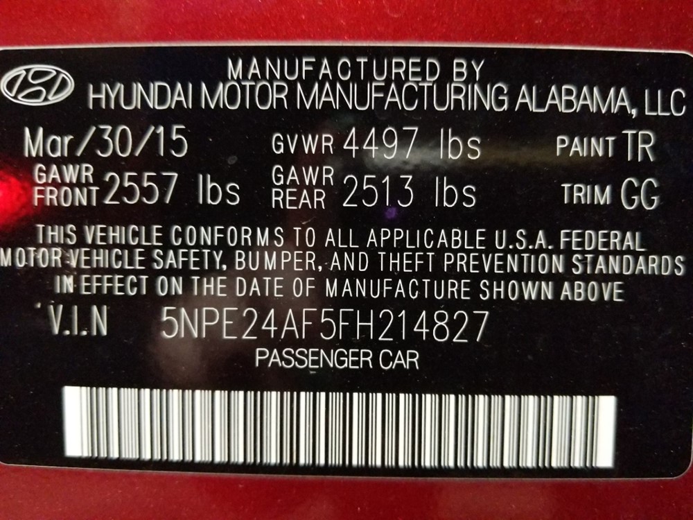 2015 Hyundai Sonata - VIN Plate