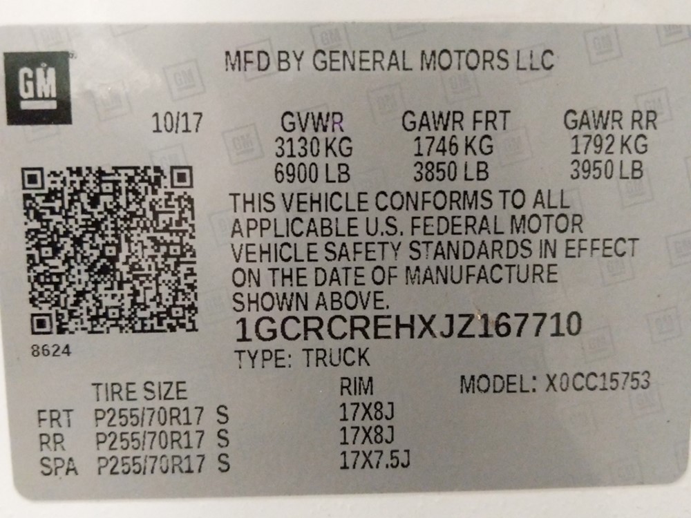 2018 Chevrolet Silverado 1500 - VIN Plate