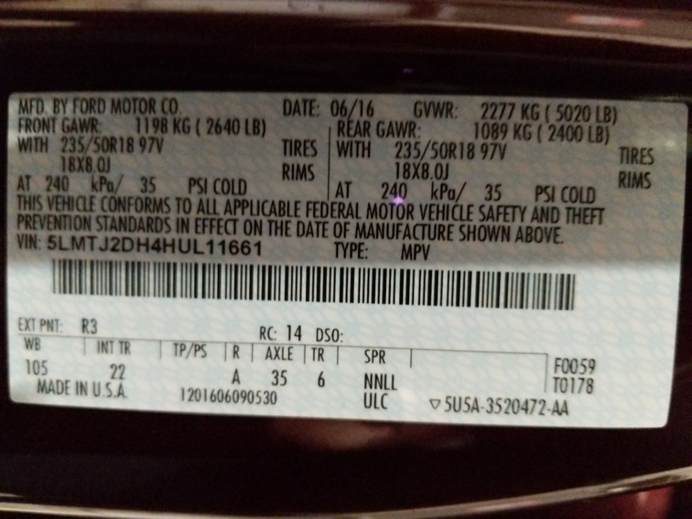 2017 Lincoln MKC - VIN Plate