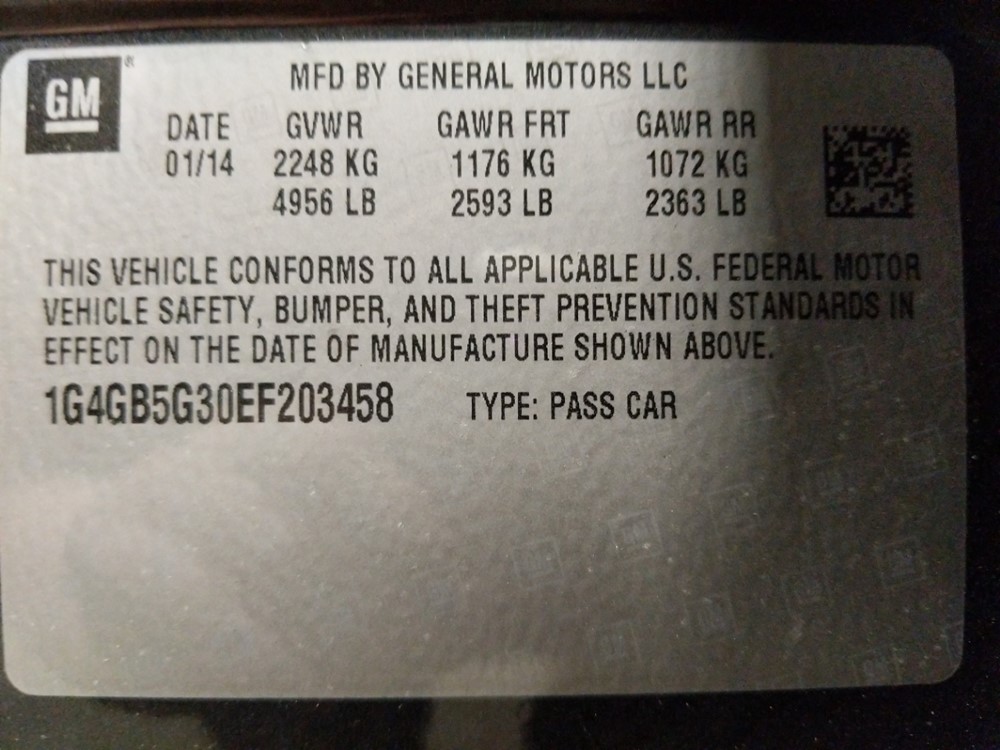 2014 Buick LaCrosse - VIN Plate
