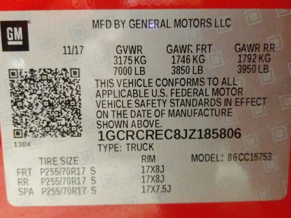 2018 Chevrolet Silverado 1500 - VIN Plate