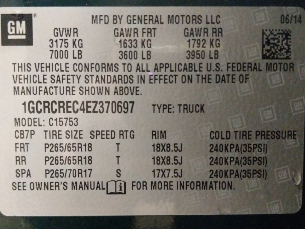 2014 Chevrolet Silverado 1500 - VIN Plate
