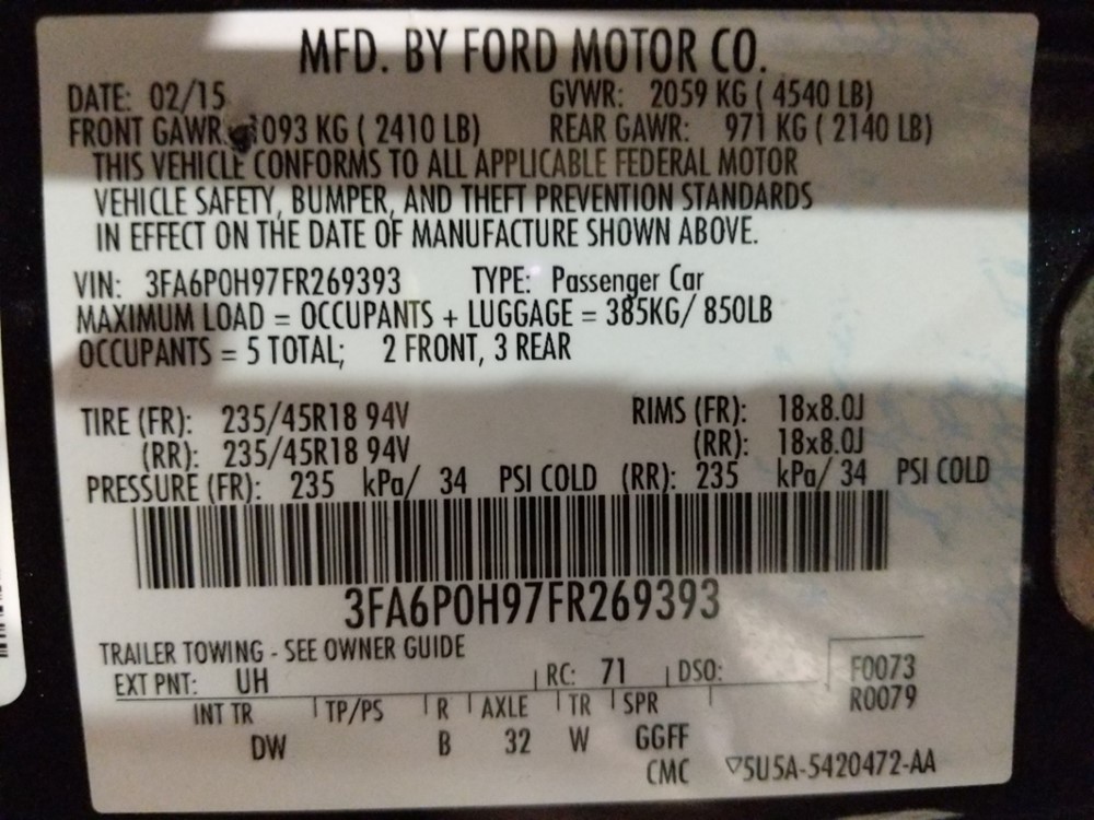 2015 Ford Fusion - VIN Plate
