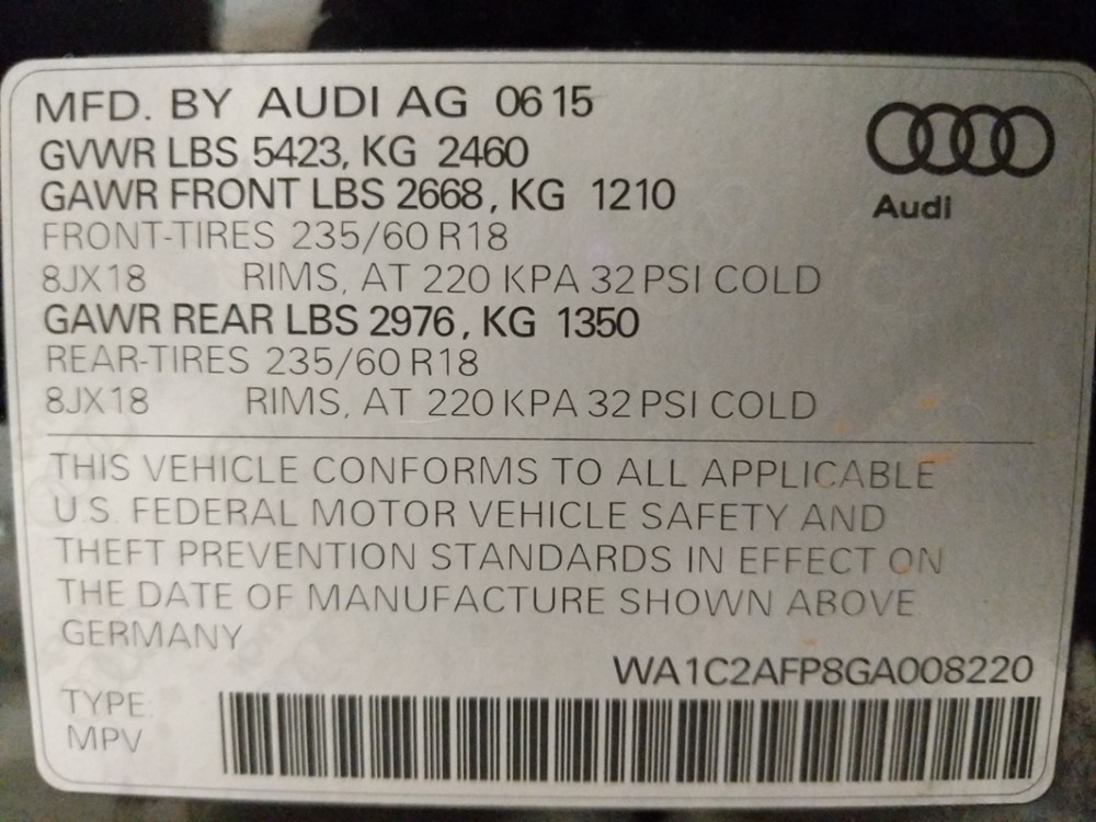 2016 Audi Q5 - VIN Plate