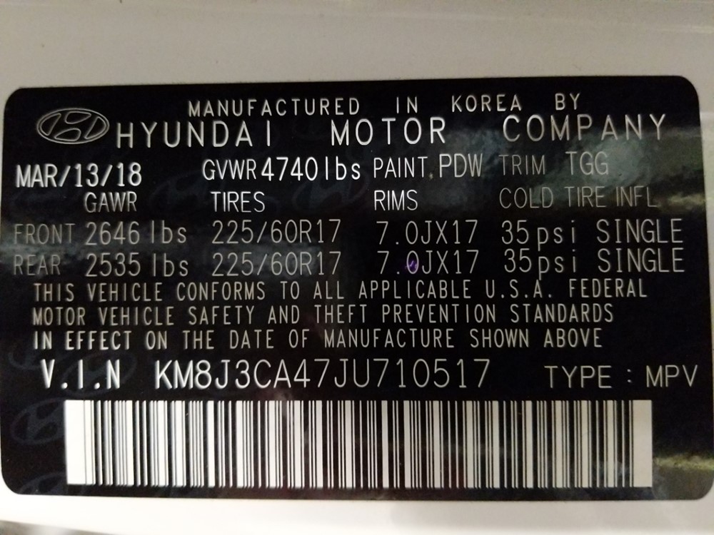 2018 Hyundai Tucson - VIN Plate