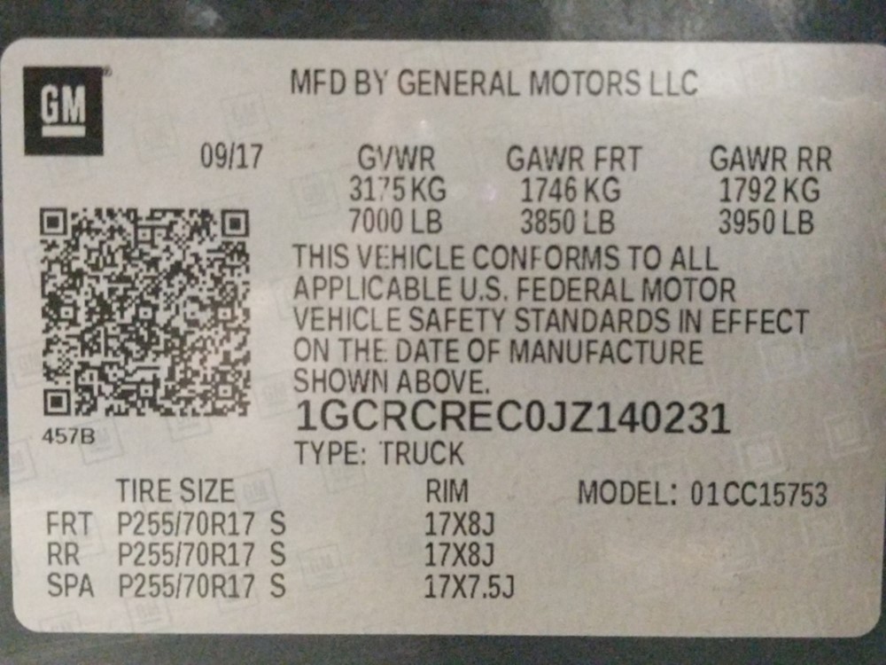 2018 Chevrolet Silverado 1500 - VIN Plate