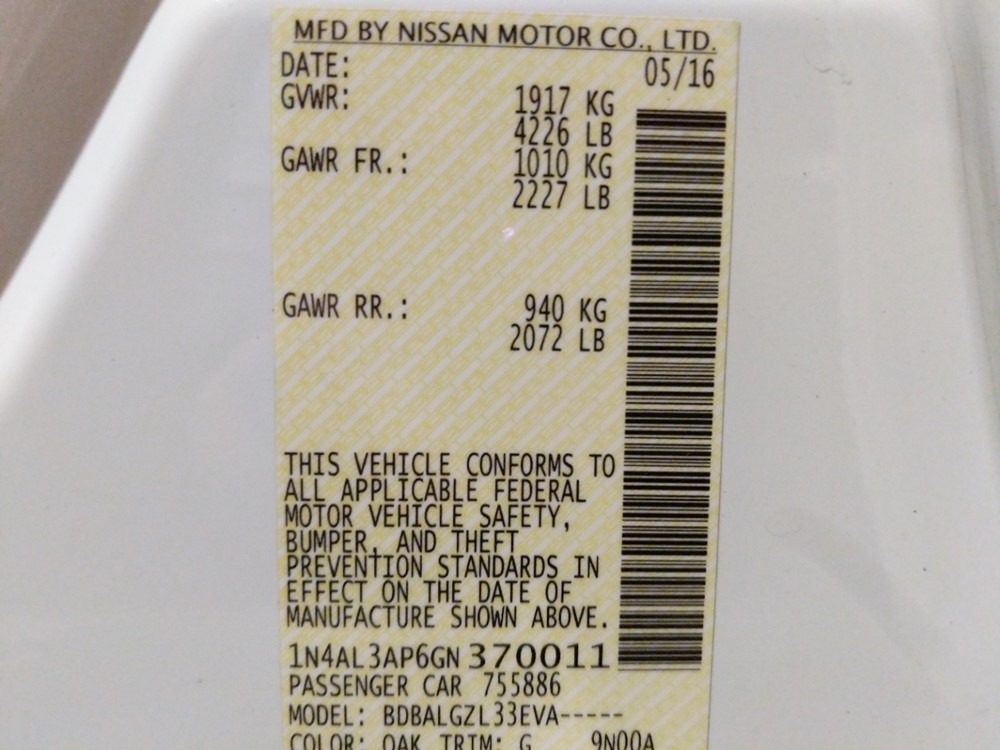 2016 Nissan Altima - VIN Plate