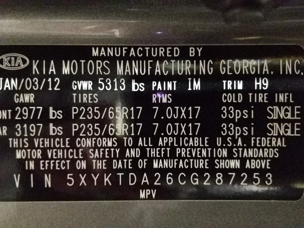 2012 Kia Sorento - VIN Plate