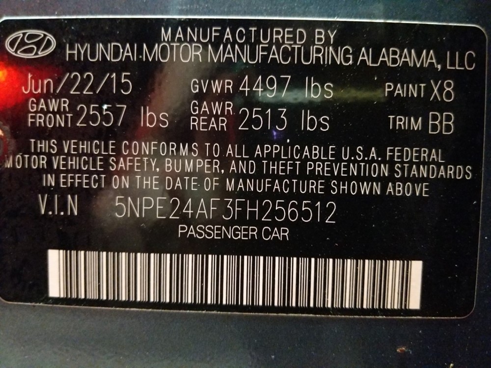 2015 Hyundai Sonata - VIN Plate