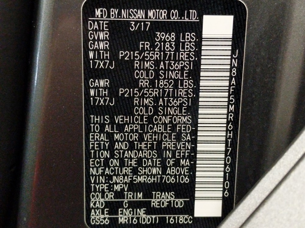 2017 Nissan JUKE - VIN Plate