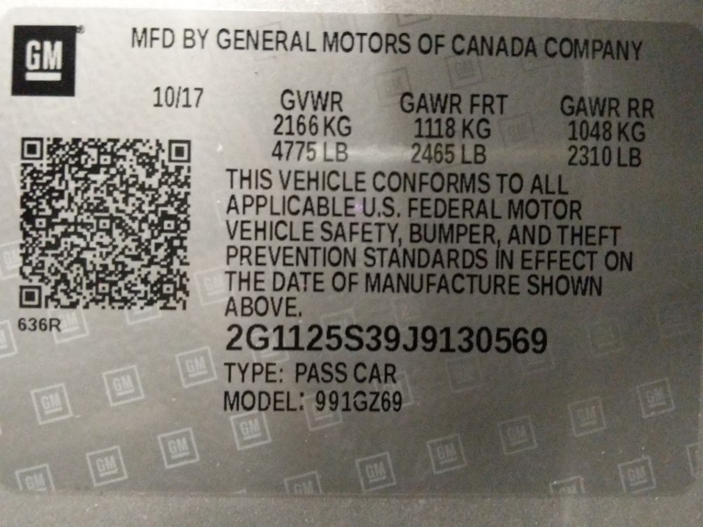 2018 Chevrolet Impala - VIN Plate
