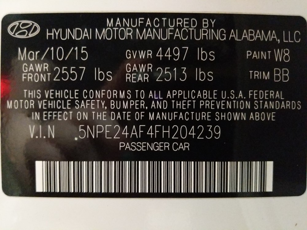 2015 Hyundai Sonata - VIN Plate