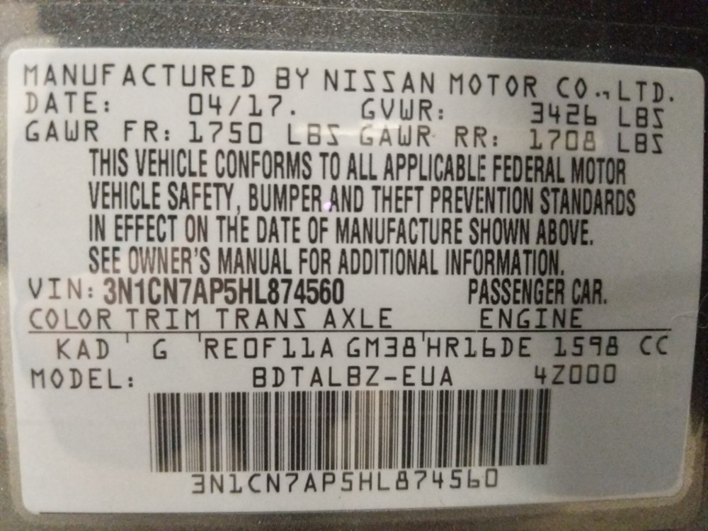 2017 Nissan Versa - VIN Plate
