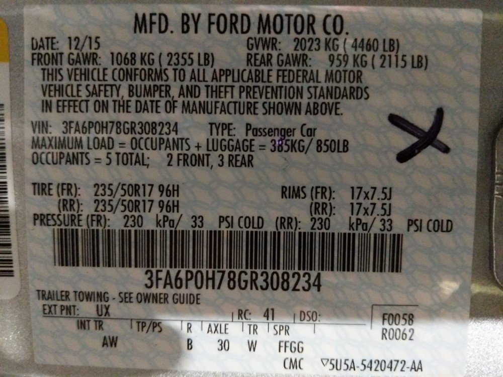 2016 Ford Fusion - VIN Plate