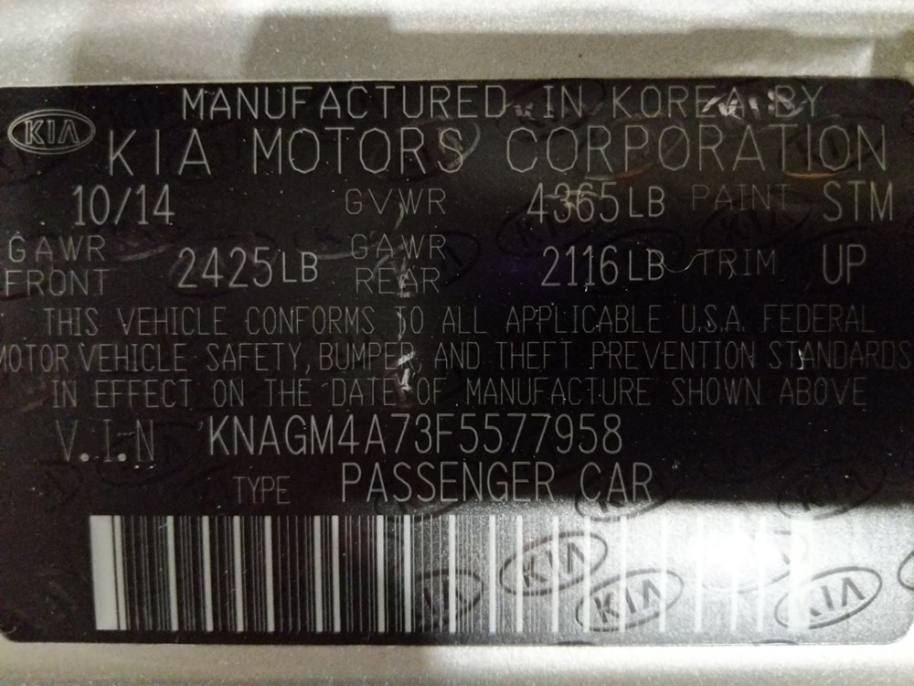 2015 Kia Optima - VIN Plate