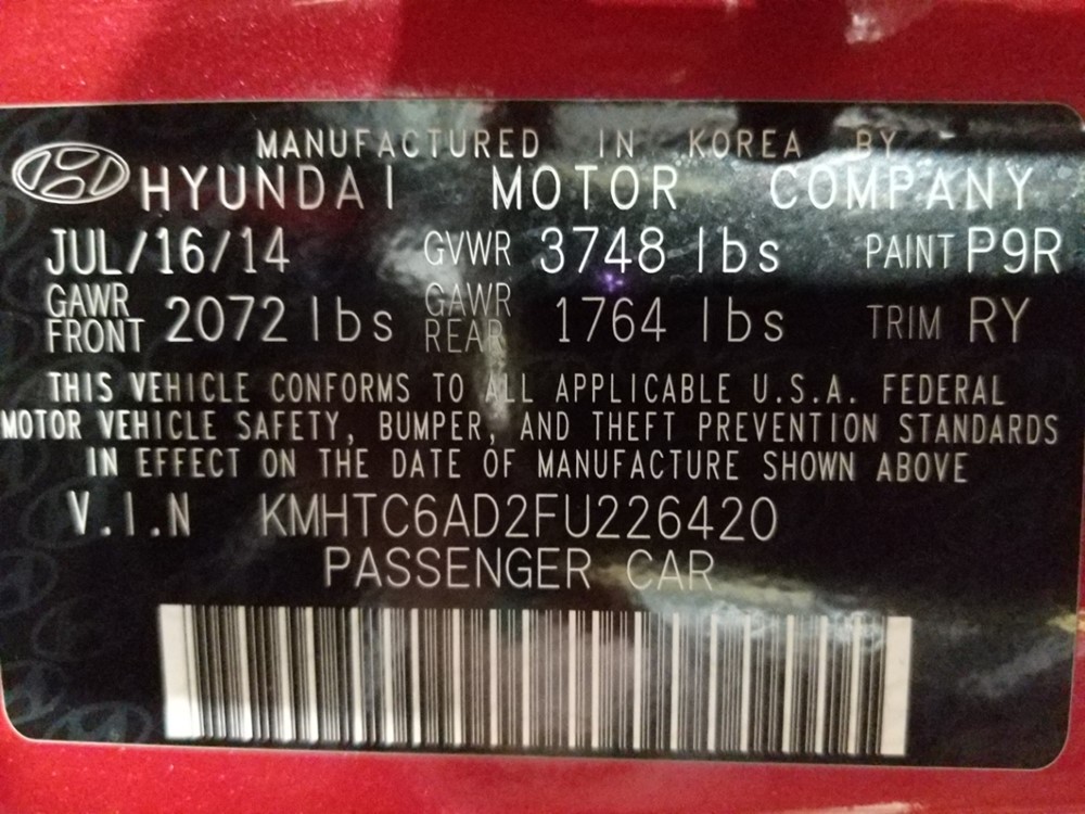 2015 Hyundai Veloster - VIN Plate