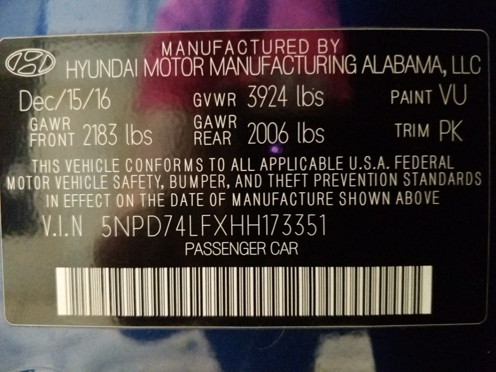 2017 Hyundai Elantra - VIN Plate