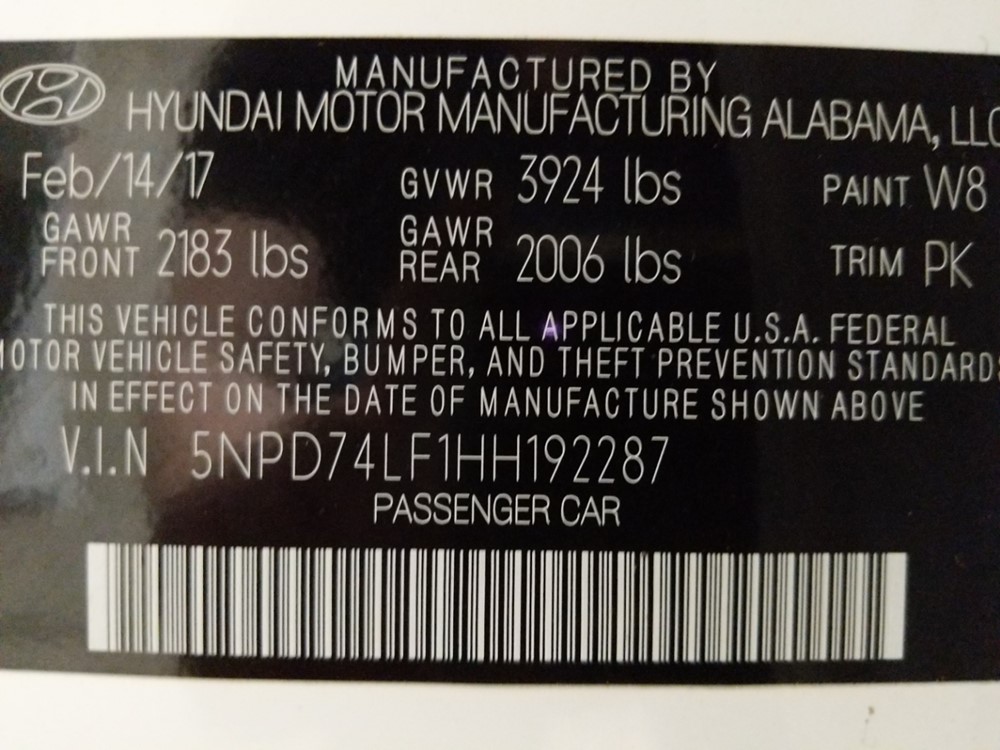 2017 Hyundai Elantra - VIN Plate