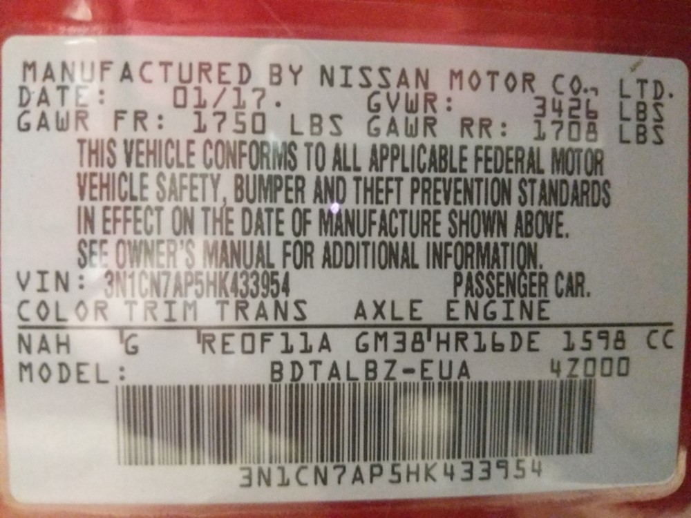 2017 Nissan Versa - VIN Plate